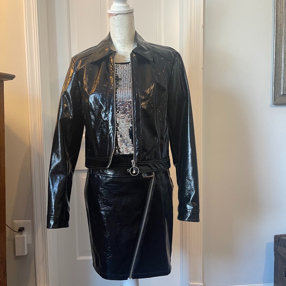 Bar III 3-Piece Faux Leather & Sequin Outfit - Jacket-Size M, Top&Skirt Size S